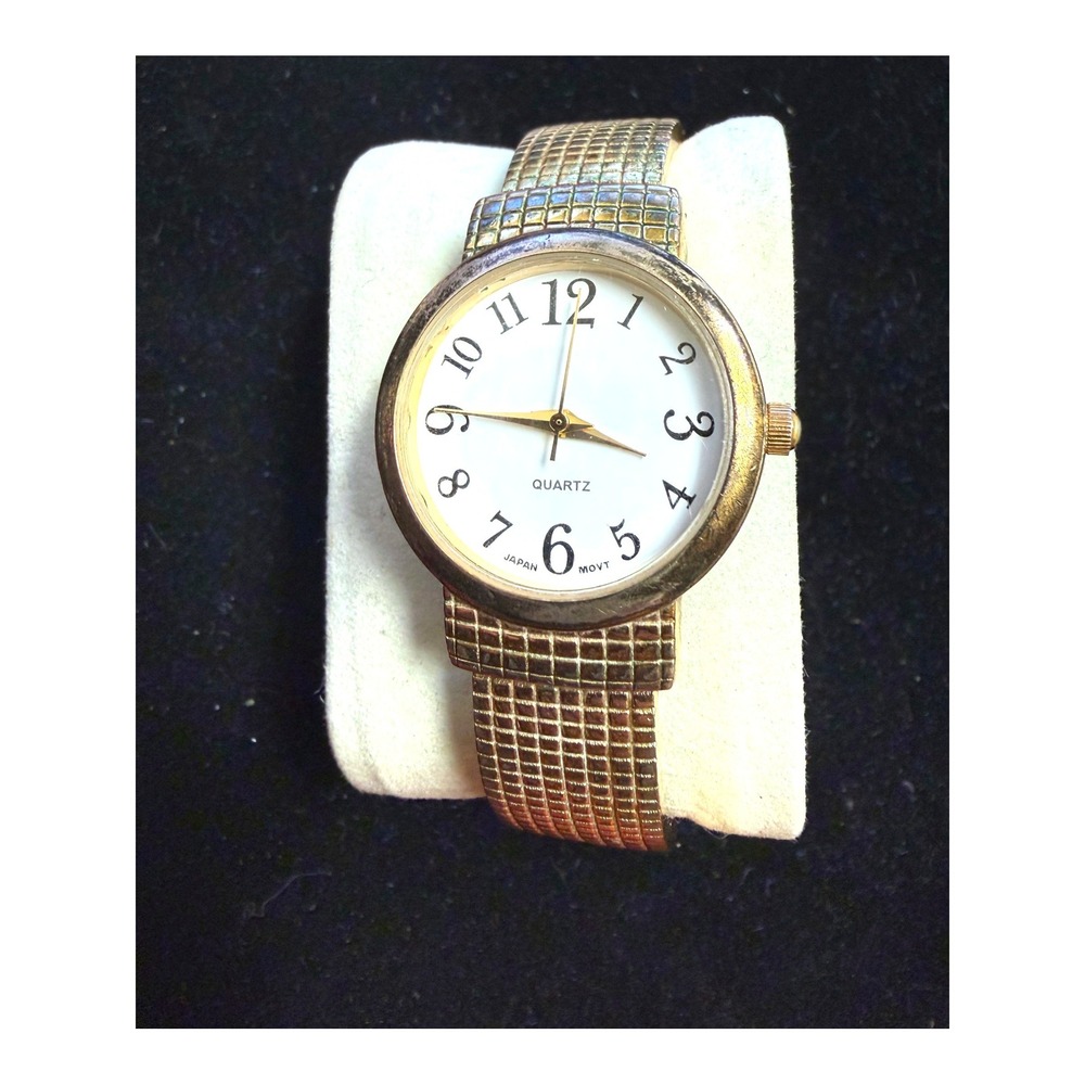 Vintage Gold Tone Cuff Watch Japan Quartz Movement White Dial‎ WORKS